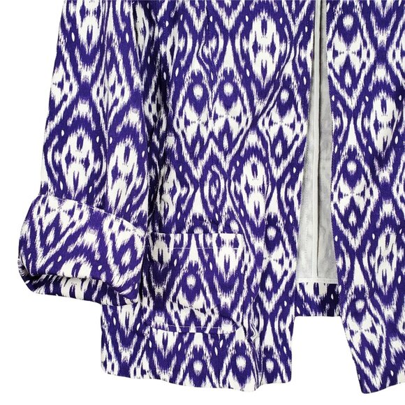Chico's 2 Size L Jacket Open Collarless Blazer Pockets Cuff Sleeves Ikat Purple - Picture 5 of 7